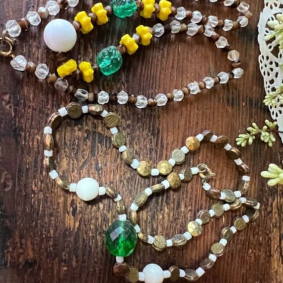 2 Vintage Mardi Gras Bead Necklaces Green Bronze … - image 3