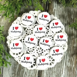 Free Shipping I Heart MahJong  10 Party Favors - 1 1/4&quot; across  Pinback  Buttons Individually wrapped in clear sleeves for Gifting! Mah Jong