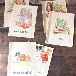 6 picture pages from Vintage Dick and Jane 1940&#39;s Book Pages 3 complete little stories Ephemera or to frame (Set N) Authentic Imperfections.