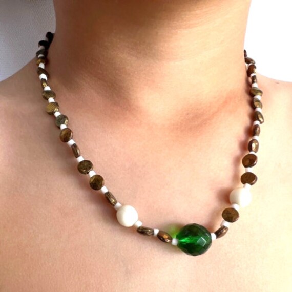 2 Vintage Mardi Gras Bead Necklaces Green Bronze … - image 2