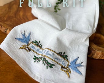 Bird Embroidery Tea Towel DIY Kit: "No Thanks" Stick & Stitch
