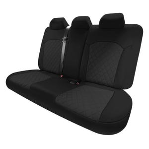 May include: Black car seat covers with a quilted diamond pattern on the seat and backrest. The covers include headrest covers and a seat belt opening. The design is a solid black color.