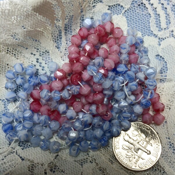 Little Beads, Baby Blue Striped or Pink Little Beads, Vintage Japan Glass Beads, Loose Small Faceted 4mm Bead Crafts Jewelry Making Beads 24