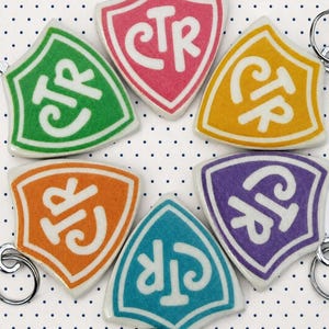 May include: Six shield-shaped keychains arranged in a circle, each featuring a white border and the white letters CTR in the center. The keychains are colored pink, yellow, purple, teal, orange, and green, and each includes a silver metal ring.