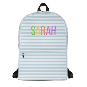 Custom Kids Backpack, Monogrammed Backpack, Striped Blue Packpack, Girl&#39;s Boy&#39;s Backpack, Custom Name Backpack, Water Resistant Backpack