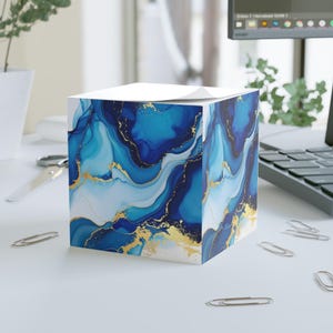 Abstract Note Cube,Blue & Gold Modern Desk Accessory, Office Decor, Gift Idea for Writers, Blue Marble Stationery, Home Office Essentials