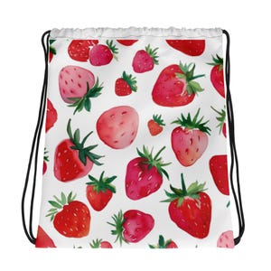 Strawberry Drawstring Bag, stylish accessory for women. Vibrant strawberry print, perfect for casual outings, beach trips, or everyday use.