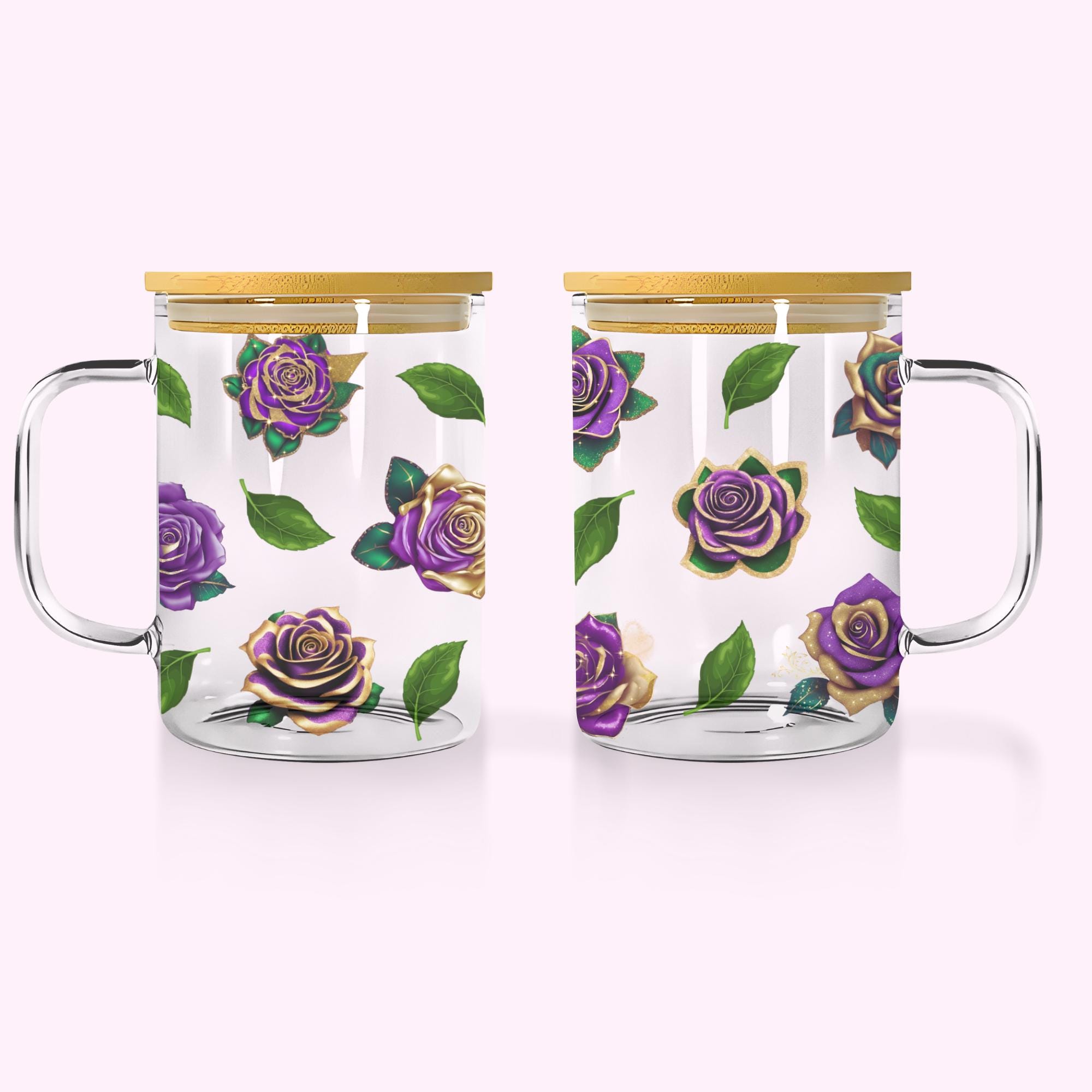 Sparkle Purple Roses With Gold - 17oz Glass Mug With Bamboo Lid