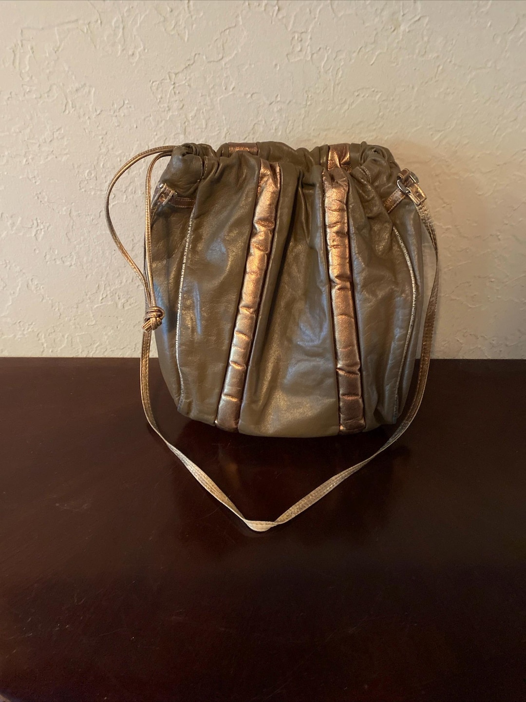 Vintage Karen 1980's Large Leather Bucket Bag Drawstring Crossbody Dark ...