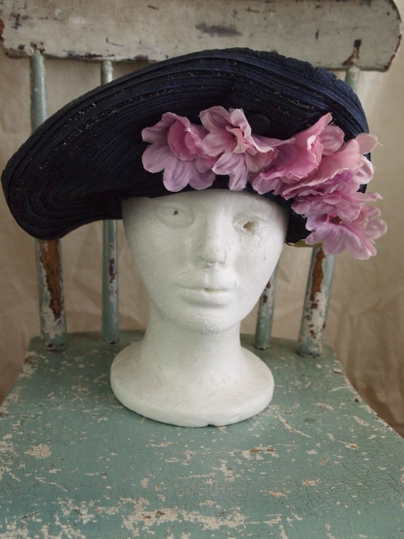 Vintage 40's Hat navy pink flowers New York Creati