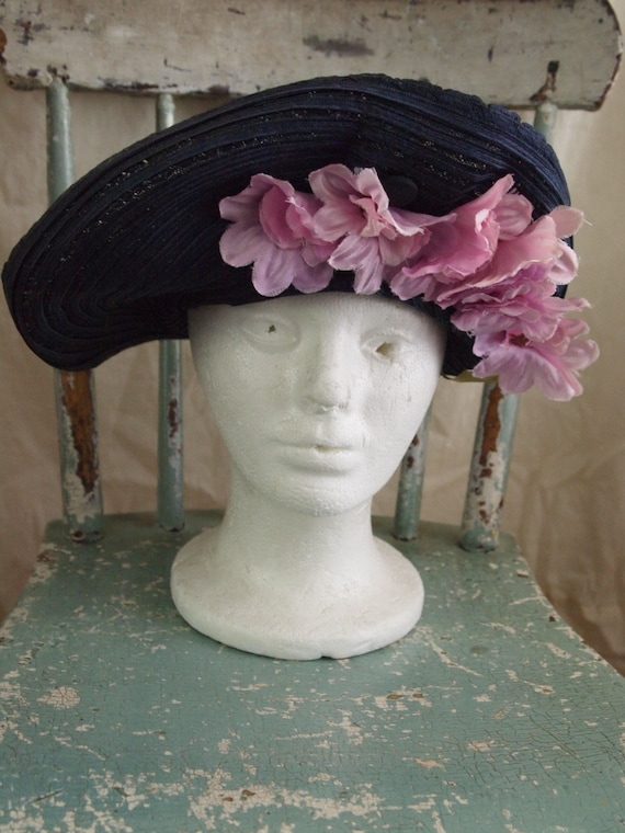 Vintage 40's Hat navy pink flowers New York Creat… - image 1