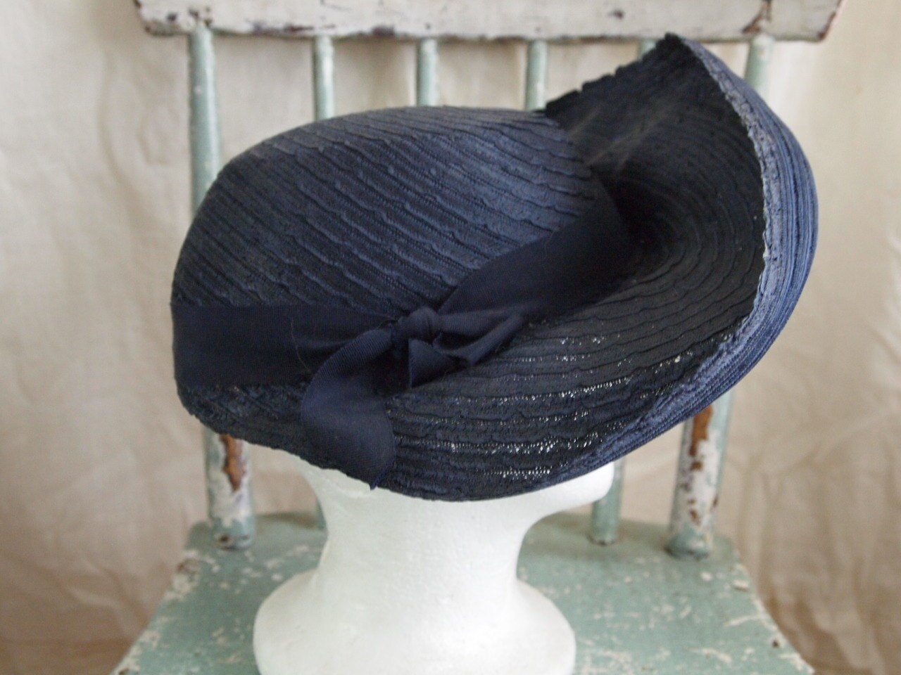 1940-50s Easter Hat New York Creations Navy Blue Straw Pink Satin Twist Trim Vintage Straw New York Creation - Etsy main image 4