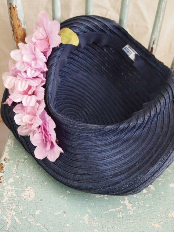 Vintage 40's Hat navy pink flowers New York Creat… - image 5