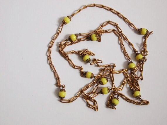 Vintage 1960s Mod yellow glass long necklace pris… - image 1