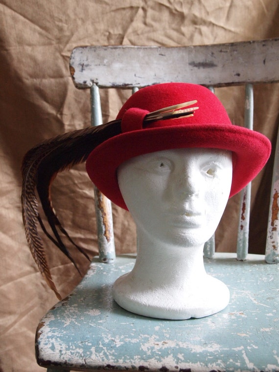 Vintage 50's FRANK OLIVE Hat Red Wool Feather