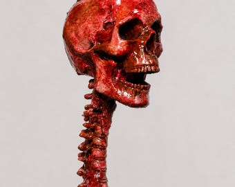 Gothic Skull Spine Decor, Red Resin Skeleton Prop, 3D Printed Horror Oddity, Hand Painted Anatomy Display