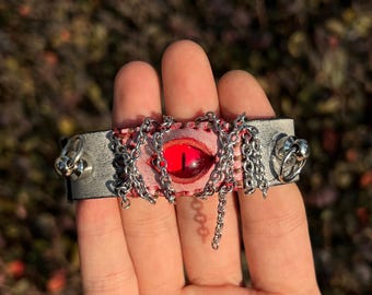 Handcrafted Red Eye Punk Style Leather Bracelet - Unique Gift for Punk & Goth Enthusiasts