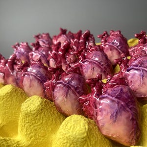 May include: A collection of small, anatomically detailed heart sculptures in shades of deep red, purple, and pale pink, each with a glossy finish, arranged within the individual molded compartments of a bright yellow cardboard egg carton.