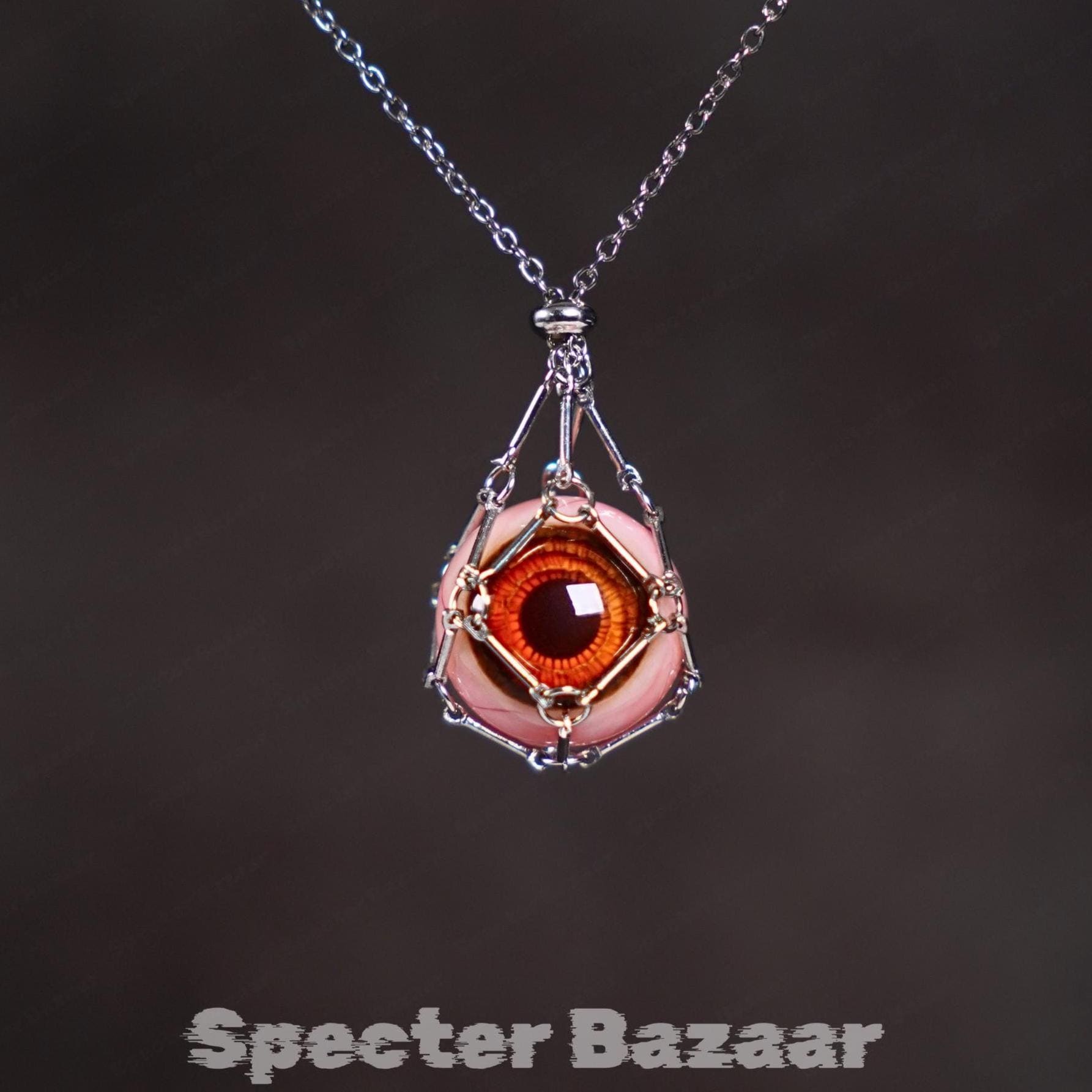 Handmade Silver Cage Gothic Brown Eyeball Necklace, Dark Romantic Jewelry,  Creepy Cute Oddity, Unique Resin Eyeball Pendant