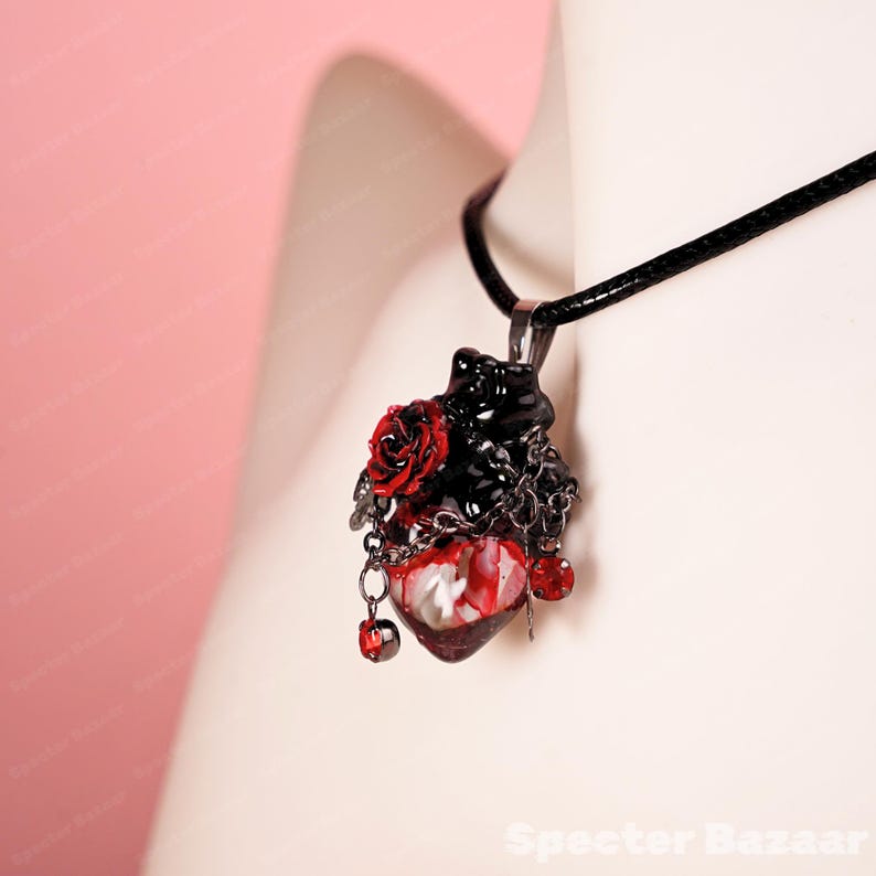 Gothic Black & Red Rose Anatomical Heart Necklace | Dripping Blood Resin Pendant | Dark Vampire Jewelry | Chain Butterfly Detail image 4