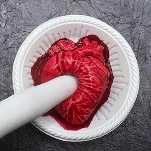 Puede incluir: Un molde rojo en forma de corazón lleno de un líquido rojo, sentado en un tazón blanco. El molde se está levantando del tazón con una mano enguantada de blanco.