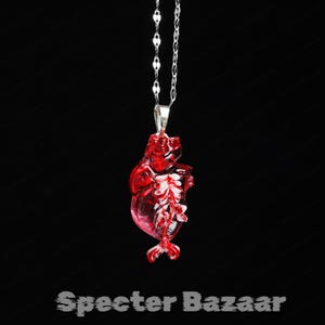 Puede incluir: Un colgante rojo translúcido con forma de oso con un diseño de esqueleto blanco, suspendido de una cadena plateada. El colgante tiene un acabado brillante y está sobre un fondo negro. El texto "Specter Bazaar" está en la parte inferior.