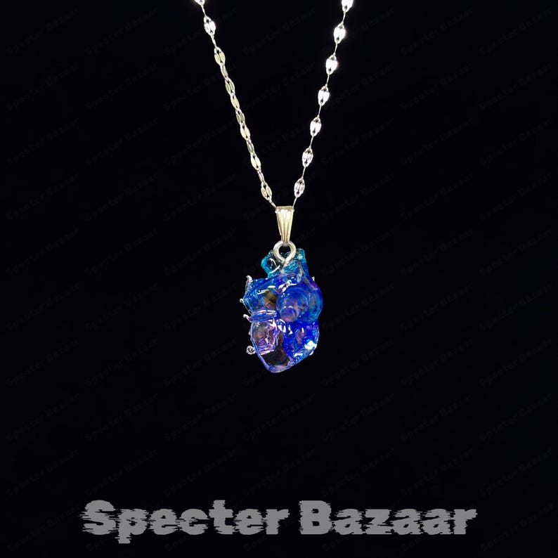 Blue Butterfly Anatomical Heart Necklace, Iridescent Organ Jewelry, Surreal Art Charm, Gothic Fantasy Gift image 4