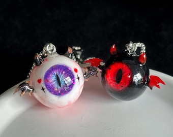 Gothic Bat Wing Monster Eyeball Necklace, Creepy Cute Demon Eye Jewelry, Pastel Goth Gift