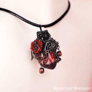 Gothic Black & Red Rose Anatomical Heart Necklace | Dripping Blood Resin Pendant | Dark Vampire Jewelry | Chain Butterfly Detail image 5