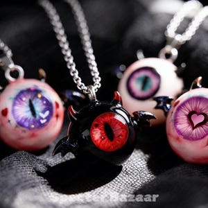 Handmade Eyeball Necklace with Demon Horns Bat Wings - Pastel Goth Style Statement Jewelry