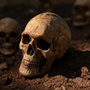 May include: A detailed, weathered human skull with visible teeth and eye sockets rests on dark brown soil. The skull is a light tan color, with shadows adding depth. Other skulls are blurred in the background, suggesting a thematic display.