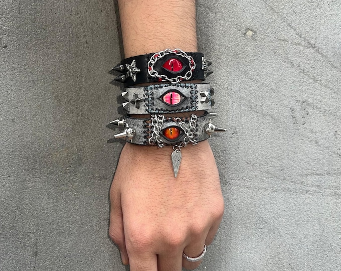 Punk Spiked and Studded Evil Eye Leather Bracelets and Wristbands in Various Designs, perfect gift for a punk
