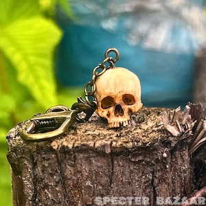 May include: A detailed, white skull keychain with a bronze chain and clasp. The skull is a realistic depiction with visible teeth and eye sockets.