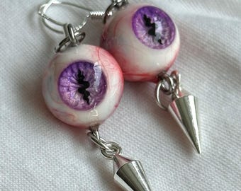 Handmade Gothic Eyeball Earrings with Snake pupil, 15mm Resin Realistic Eye with Silver Spike Drop