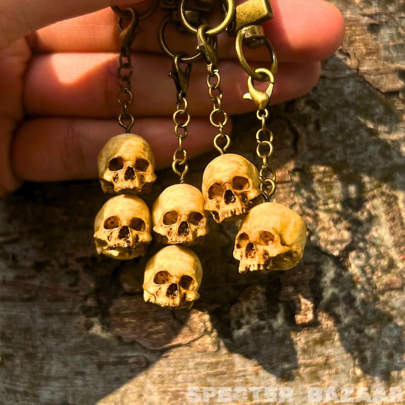 May include: A set of six small, detailed, bone-colored skull charms hanging from gold chains. The charms are attached to a larger gold chain with a clasp.