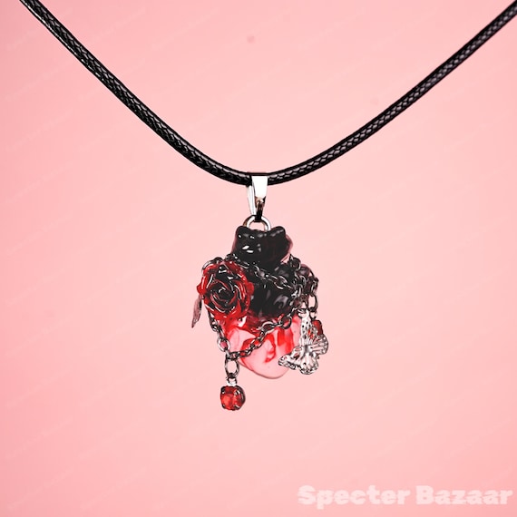 Gothic Black & Red Rose Anatomical Heart Necklace | Dripping Blood Resin Pendant | Dark Vampire Jewelry | Chain Butterfly Detail