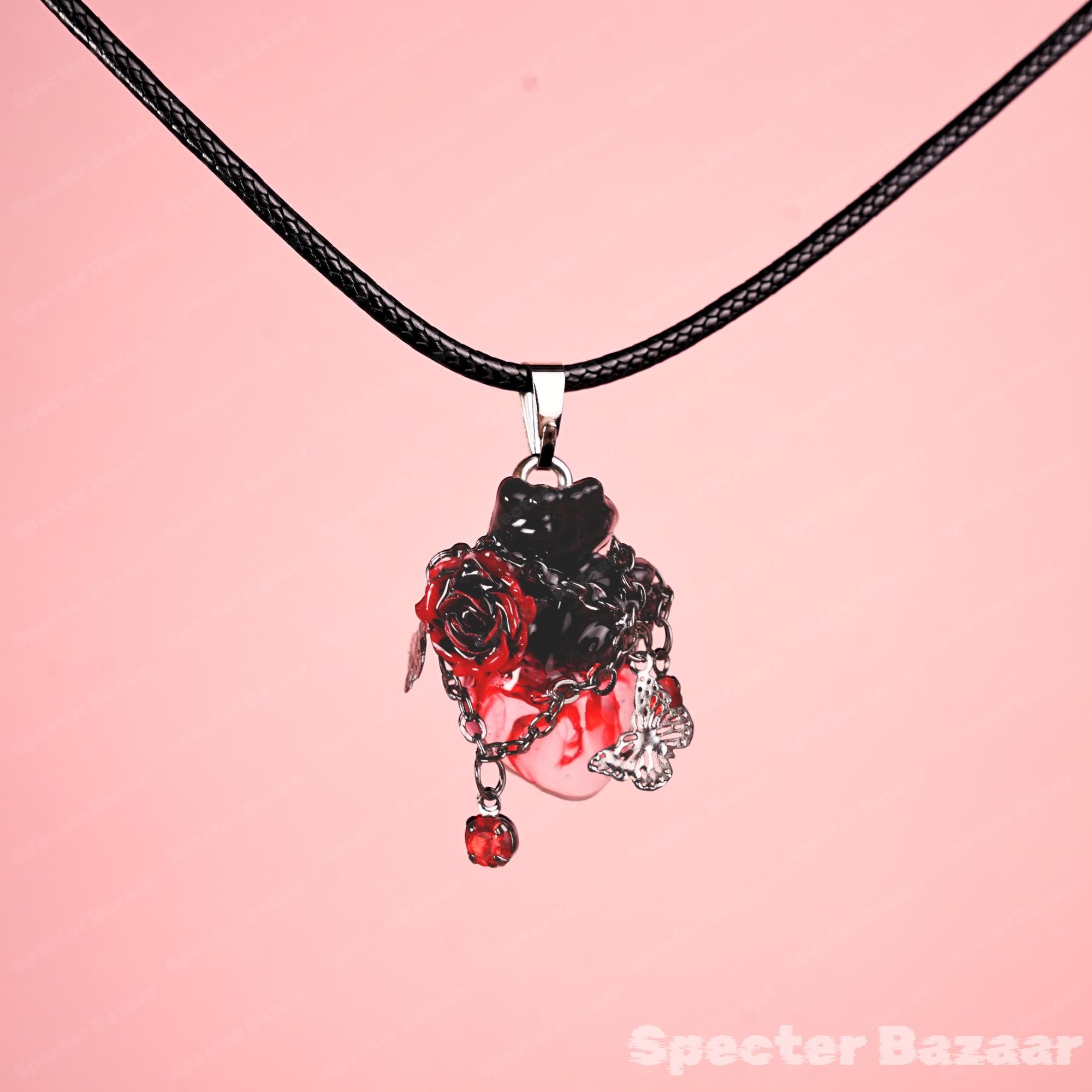 Gothic Black & Red Rose Anatomical Heart Necklace | Dripping Blood