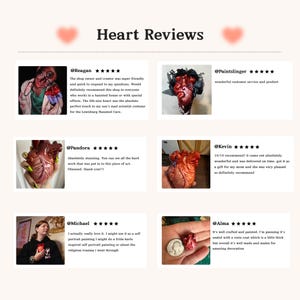 May include: A collection of customer reviews titled Heart Reviews featuring photographs of realistic anatomical heart models. The images show various heart sculptures in different sizes, some held in hands, including one next to a US quarter coin.