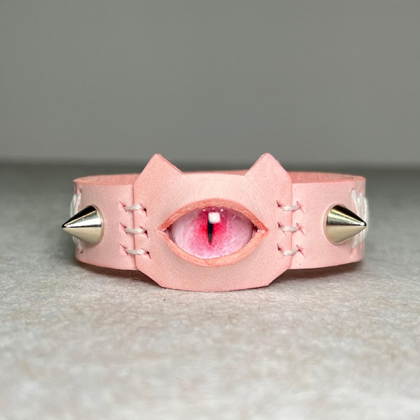 Gothic Punk Adjustable Leather Bracelet with Cat Design, Handmade Pink Cowhide Cuff, Unique Gift for Girlfriend Sister Daughter Bridesmaid