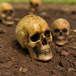 May include: Several weathered, tan-coloured skull replicas rest on dark brown soil. The skulls have detailed facial features, including eye sockets, nasal cavities, and teeth. The scene evokes a sense of mortality and is suitable for Halloween decor.