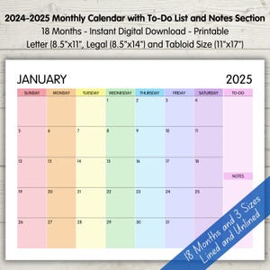 Calendario arcoíris de 12 meses 2025 con lista de tareas pendientes y notas, formato horizontal, imprimible, minimalista, colorido, tamaño carta, legal, tabloide, 8,5 x 11, 8,5 x 14 y 11 x 17