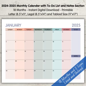 Calendario mensual de 12 meses 2025 con lista de tareas pendientes y notas, horizontal, imprimible, minimalista, colorido, tamaño carta, legal, tabloide, 8,5 x 11, 8,5 x 14 y 11 x 17