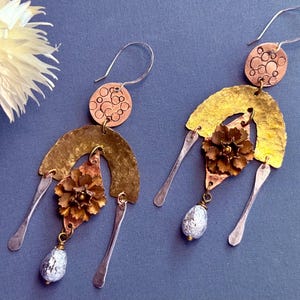 Artisan Boho Earrings Mixed Metal Jewelry Handcrafted Hammered Brass Copper Floral Earrings Vintage Look Jewelry Statement Earrings
