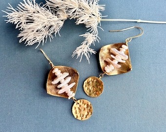 Hammered Brass Pearl Dangle Earrings: Bohemian Style Jewelry