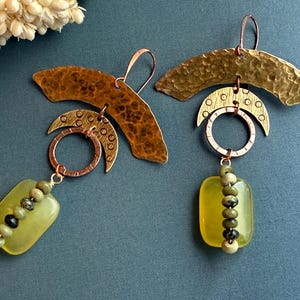 Artisan Boho Earrings Mixed Metal Jewelry Handcrafted Hammered Brass Copper Geometric Jade Earrings SemiPrecious Statement Earrings