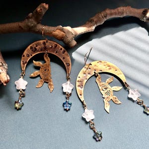 Hammered Brass Sun Moon Star Earrings: Celestial Boho Jewelry
