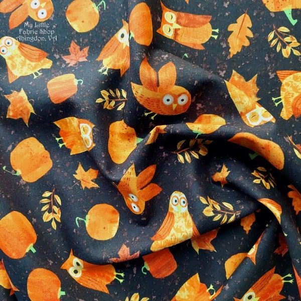 Owls and Pumpkins "Haunted Hollow" on Black Y3518-3 Cotton Fabric by Clothworks