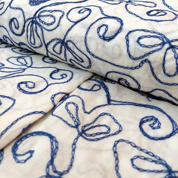 Floral Blue Embroidered Cotton Fabric "White Sands"