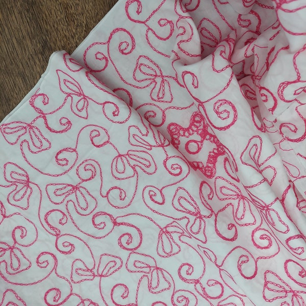 Floral Pink Embroidered White Cotton Fabric