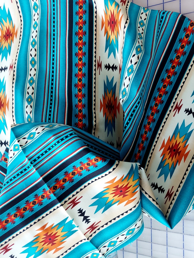Elizabeth's Studio Tucson Blanket Stripe: 201 Turquoise Cotton Fabric image 6